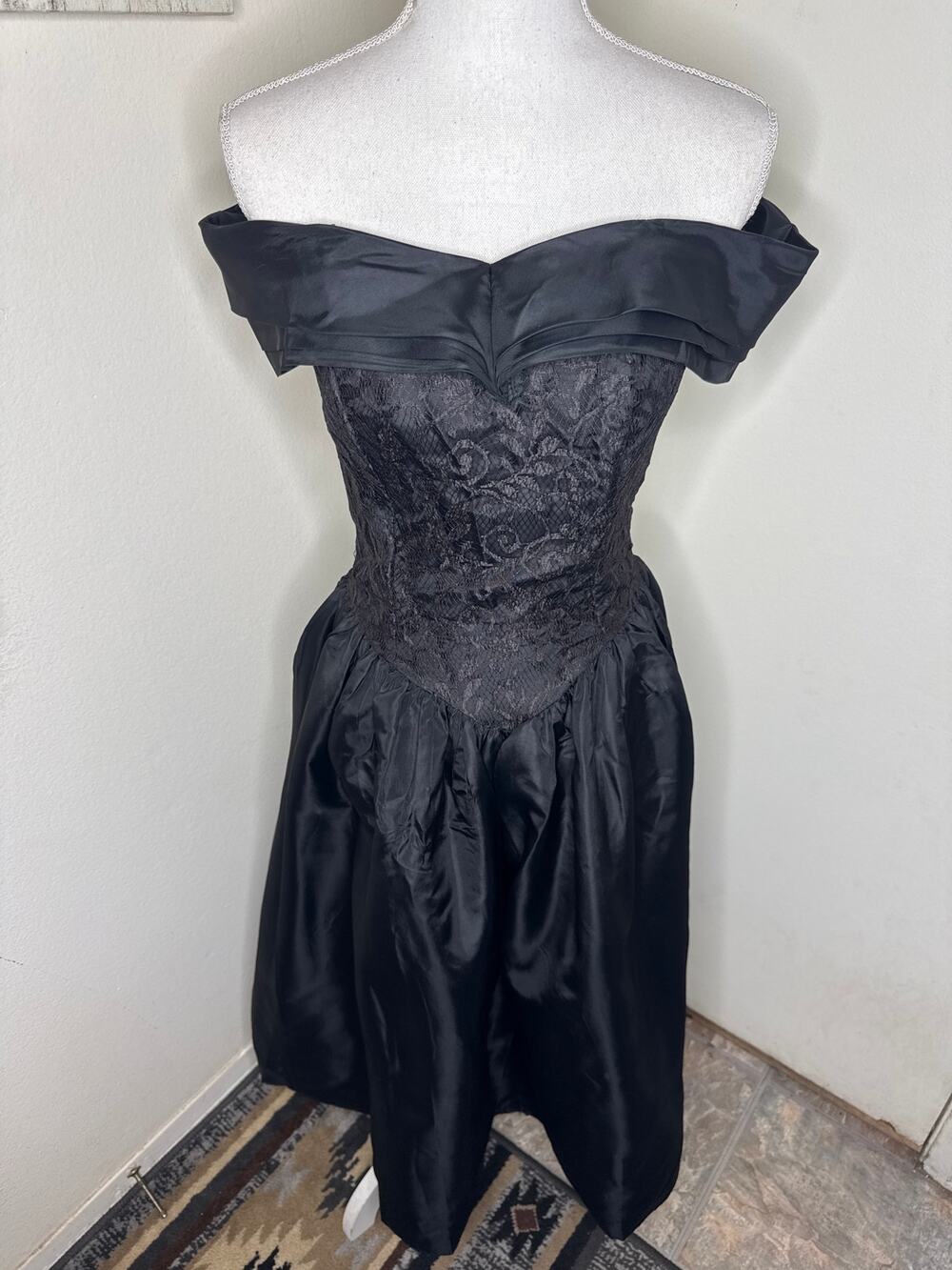 Vtg 80s Ms. Choice Black Lace Off Shoulder Prom Cocktail Dress Whimsigoth